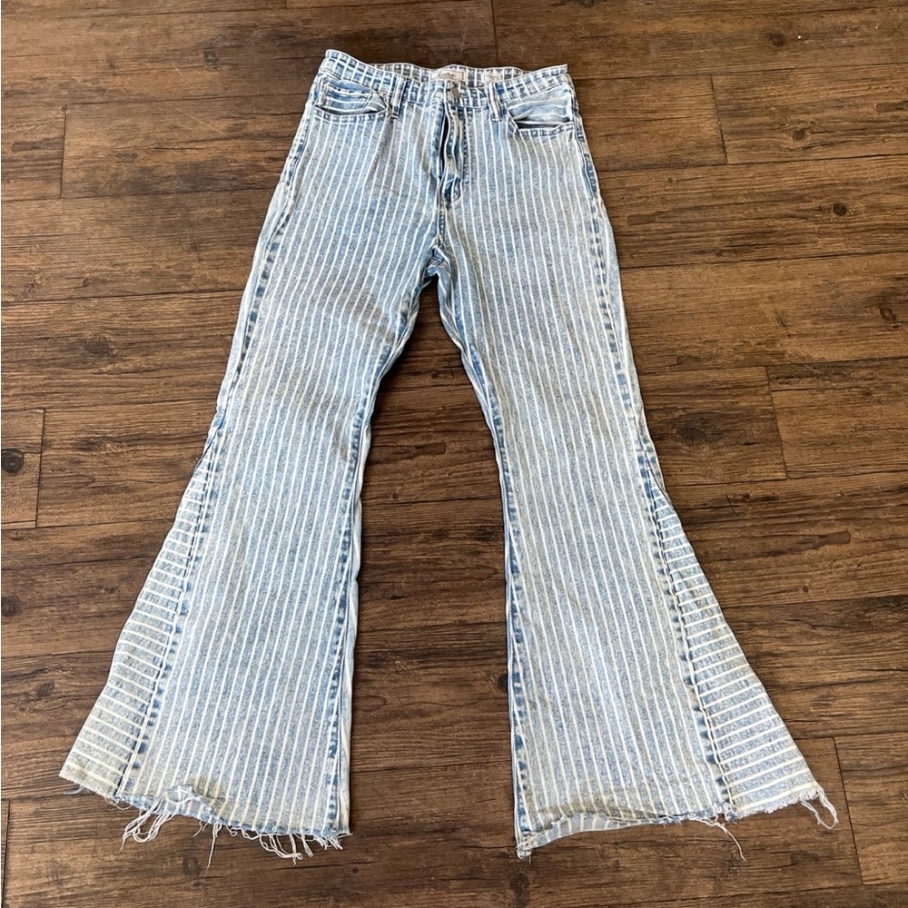 Signature Blue Flare Wide Leg Jeans with Distressed Hem